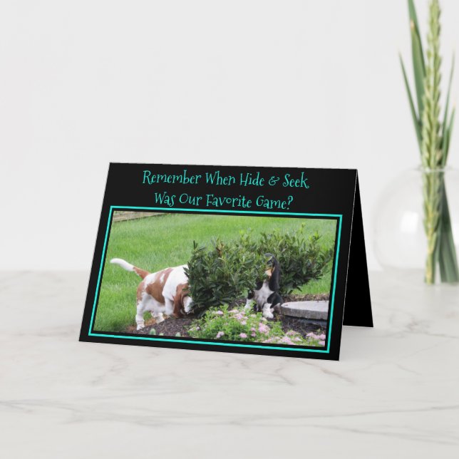 Funny "Hide & Seek" Birthday Card w/Bassets (Front)