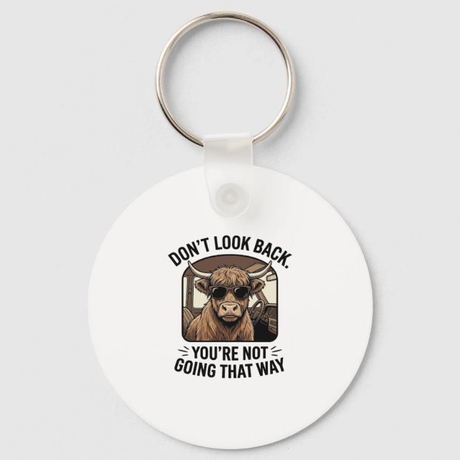 Funny Highland Cow Don’t Look Back Retro Keychain (Front)