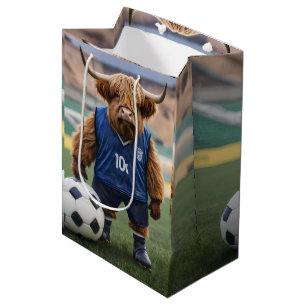 Funny Highland Cow Dressed For Soccer, Medium Gift Bag