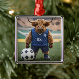 Funny Highland Cow Dressed For Soccer, Metal Ornament