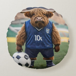 Funny Highland Cow Dressed For Soccer, Round Pillow