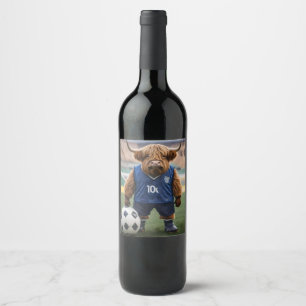 Funny Highland Cow Dressed For Soccer, Wine Label