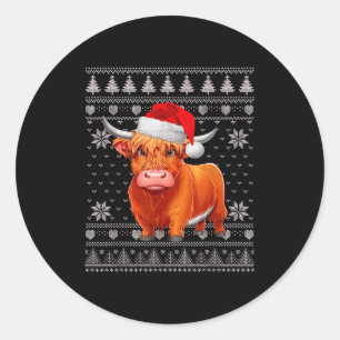 Funny Highland Cow Ugly Christmas Sweater Santa Xm Classic Round Sticker