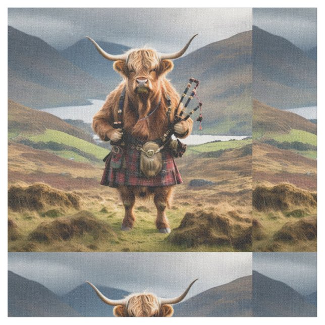 Funny Highland Cow With Bagpipes, Fabric (Close Up)