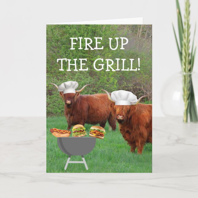Funny Highland Steer Barbecue Birthday Card (Front)