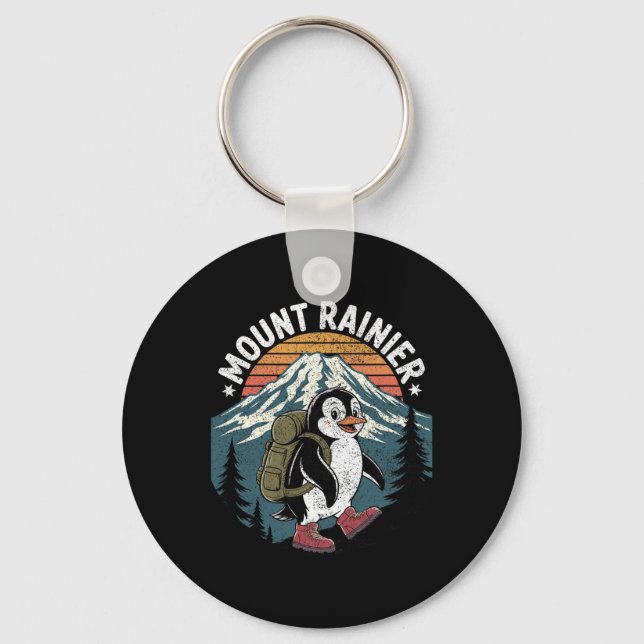 Funny Hiker Penguin Climbing Mount Rainier  Keychain (Front)