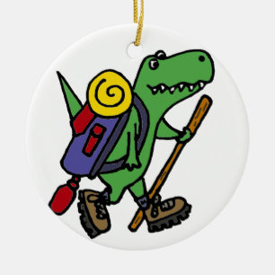 Funny Hiking Green T-Rex Dinosaur Ceramic Ornament
