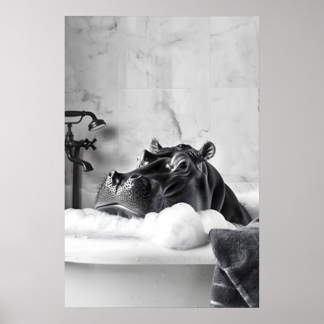 Funny Hippo Bubble Bath Print Quirky Bathroom Wall (Front)