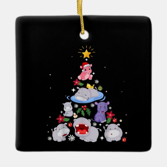 Funny Hippo Christmas Tree | Xmas Hippopotamus Ceramic Ornament (Front)