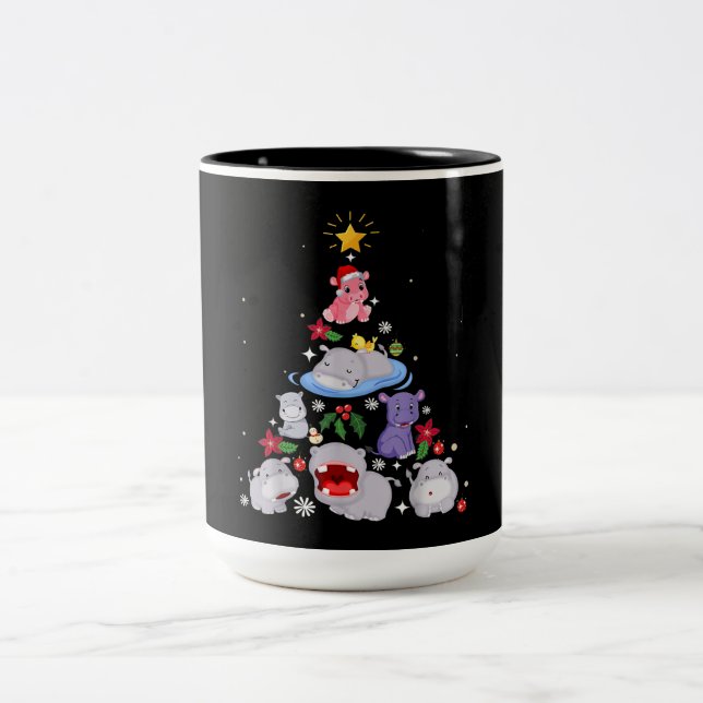 Funny Hippo Christmas Tree | Xmas Hippopotamus Two-Tone Coffee Mug (Center)