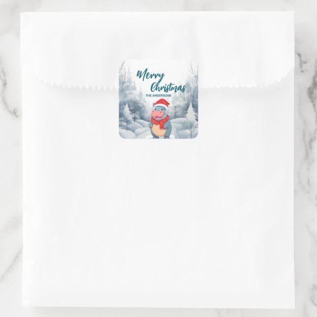 Funny hippo Merry Xmas tree snow Holiday party Square Sticker (Bag)