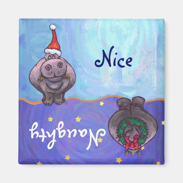 Funny Hippo Naughty Nice Holiday Magnet (Front)