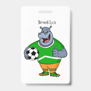 Funny hippo soccer player cartoon illustration badge