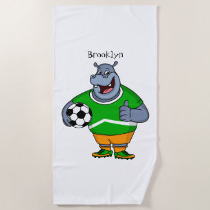 Funny hippo soccer player cartoon illustration beach towel