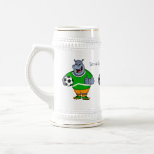 Funny hippo soccer player cartoon illustration beer stein
