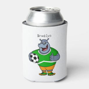 Funny hippo soccer player cartoon illustration can cooler