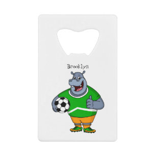 Funny hippo soccer player cartoon illustration credit card bottle opener