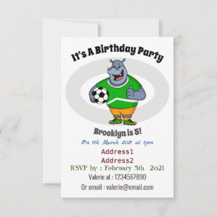 Funny hippo soccer player cartoon illustration invitation