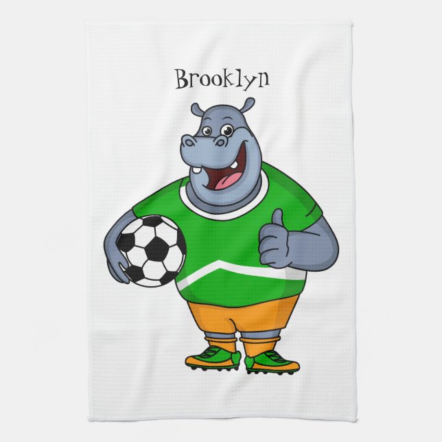 Funny hippo soccer player cartoon illustration kitchen towel (Vertical)
