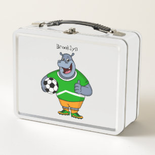 Funny hippo soccer player cartoon illustration  metal lunch box