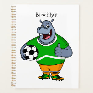 Funny hippo soccer player cartoon illustration  planner