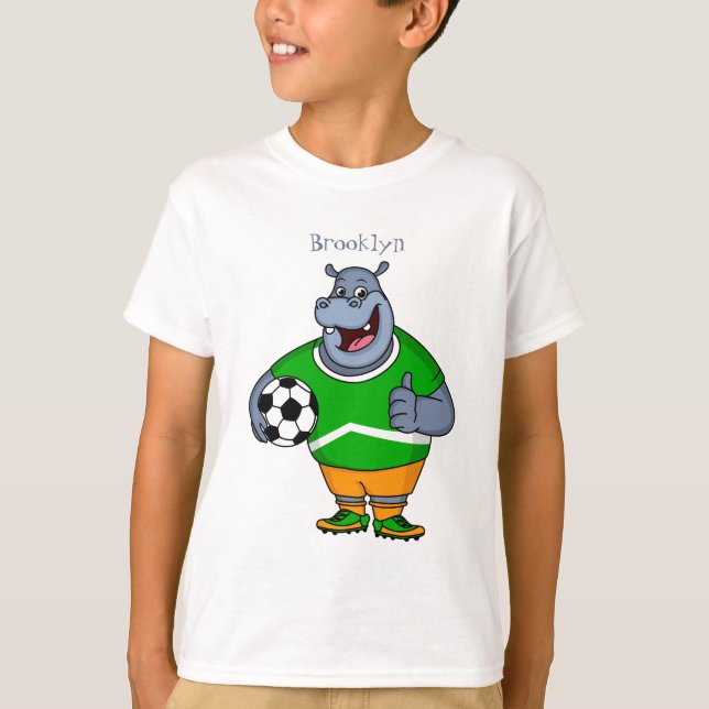 Funny hippo soccer player cartoon illustration T-Shirt (Front)