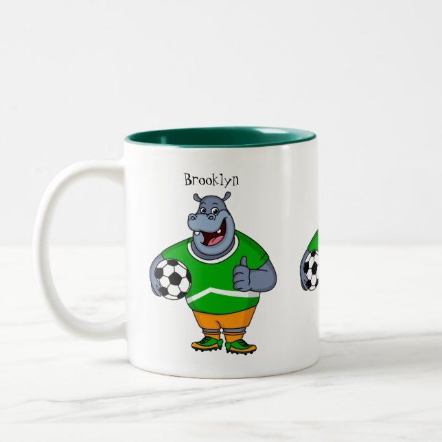 Funny hippo soccer player cartoon illustration Two-Tone coffee mug (Left)