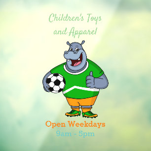 Funny hippo soccer player cartoon illustration window cling