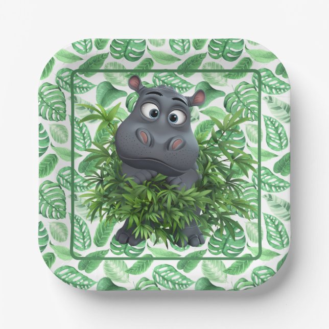Funny Hippo With Green Palm Leaves Paper Napkin Paper Plate (Front)