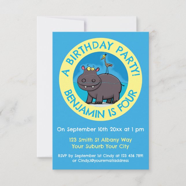 Funny hippopotamus personalized birthday cartoon invitation (Front)