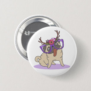 Funny Hipster Boho Floral Hippie Pug in Glasses 2 Inch Round Button