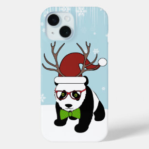 Funny Hipster Christmas Panda with antlers iPhone 15 Case