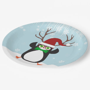 Funny Hipster Christmas Penguin with antlers Paper Plate