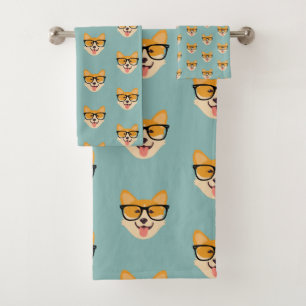 Funny Hipster Corgi Pattern Bath Towel Set