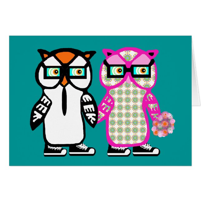 Funny Hipster Owl Wedding Bride & Groom Blank Card (Front Horizontal)