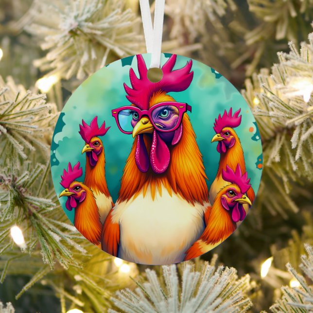 Funny Hipster Rooster Retro Pop Art Illustration Metal Ornament (Insitu)