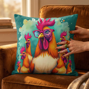 Funny Hipster Rooster Retro Pop Art Illustration Throw Pillow