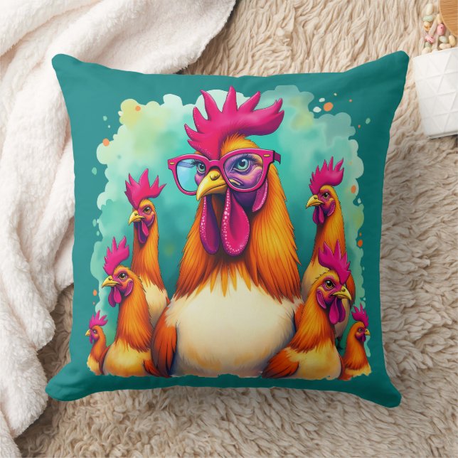 Funny Hipster Rooster Retro Pop Art Illustration Throw Pillow (Blanket)