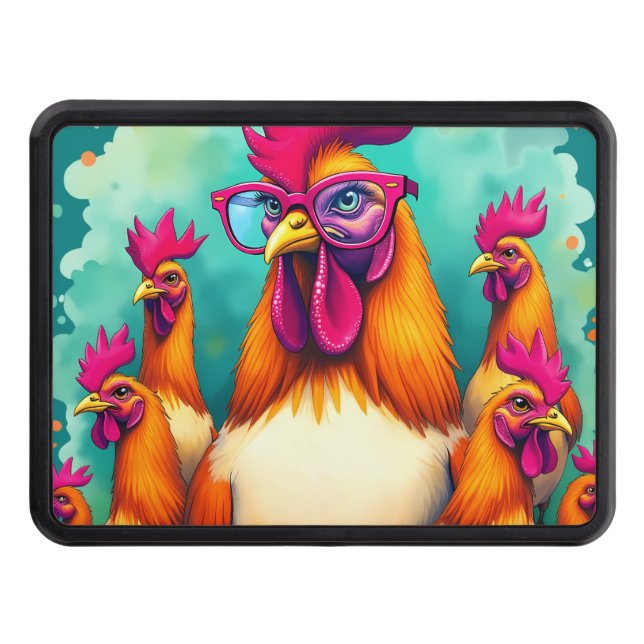 Funny Hipster Rooster Retro Pop Art Illustration Trailer Hitch Cover (Front)
