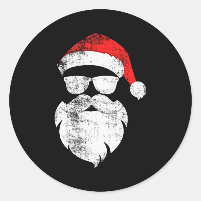 Funny Hipster Santa Face With Hat Beard &amp; Gles Classic Round Sticker (Front)