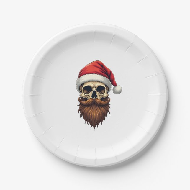 Funny Hipster Santa Skull Face With Hat Beard Chri Paper Plate (Front)