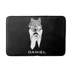 Funny Hipster Wolf with Black Tuxedo Personalized Bath Mat