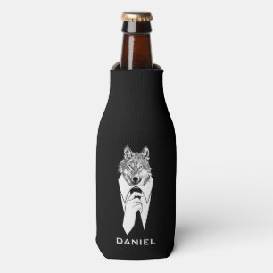 Funny Hipster Wolf with Black Tuxedo Personalized Bottle Cooler