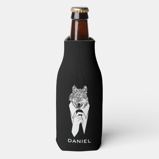 Funny Hipster Wolf with Black Tuxedo Personalized Bottle Cooler (Bottle Front)