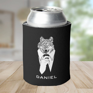 Funny Hipster Wolf with Black Tuxedo Personalized Can Cooler
