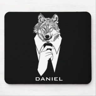 Funny Hipster Wolf with Black Tuxedo Personalized Mouse Pad
