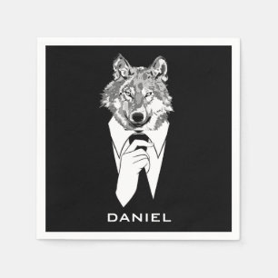 Funny Hipster Wolf with Black Tuxedo Personalized Napkin