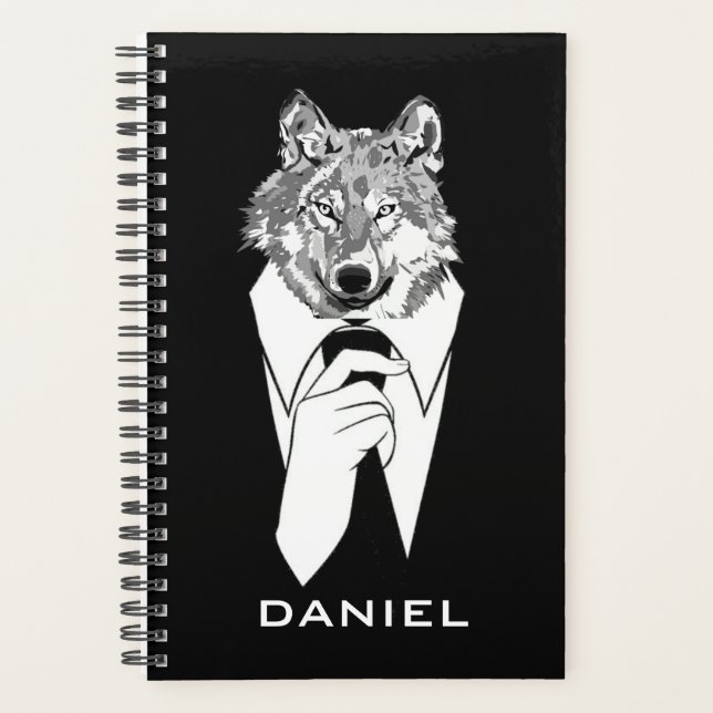 Funny Hipster Wolf with Black Tuxedo Personalized Planner (Front)