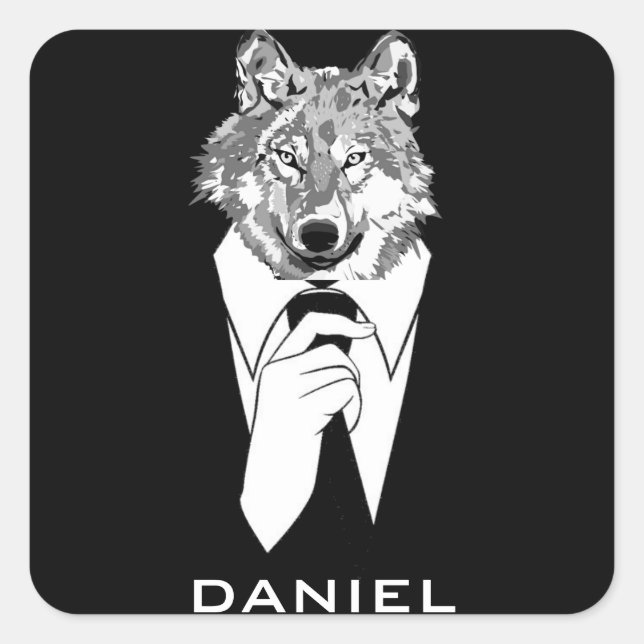 Funny Hipster Wolf with Black Tuxedo Personalized Square Sticker (Front)