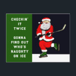 Funny Hockey Christmas Holiday Postcard<br><div class="desc">Creative hockey Christmas holiday card featuring the original "Checking It Twice" Santa hockey player. To personalize edit text to customize for ice hockey player,  coach or team sports fan.</div>